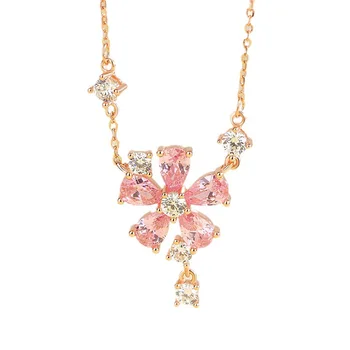 Luxury Light Flower Design S925 Sterling Silver Pink Diamond Fine Floral Pendant Necklace