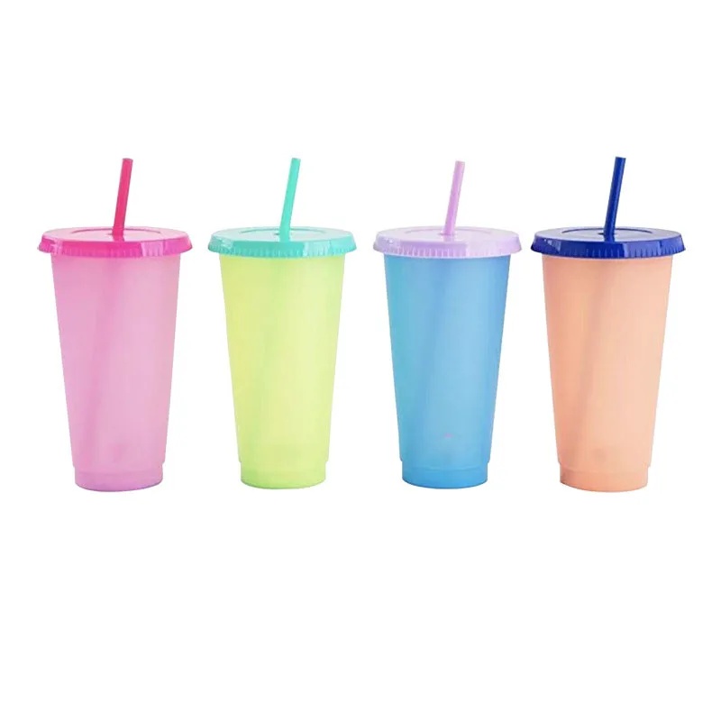 Drink Change Color Straw Mugs With Lid Plastic Tumbler Matte Coffe Bottle  Cup