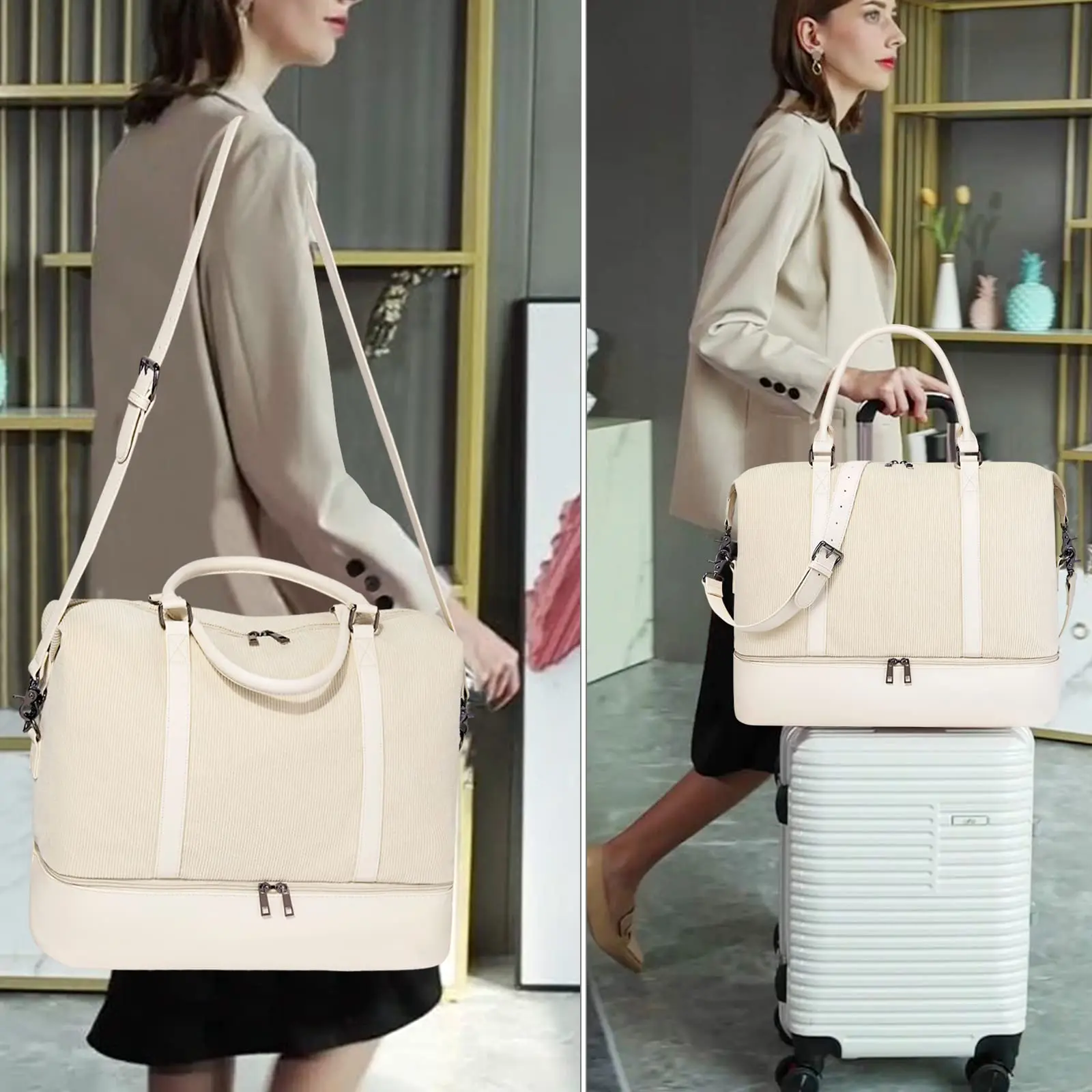 Travel Weekender Bag Women Overnight Carry On Tote With Makeup Toiletry