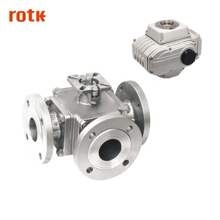 ROTK  3 Way Double Flanged Stainless Steel Ball Valve with Pneumatic Actuator