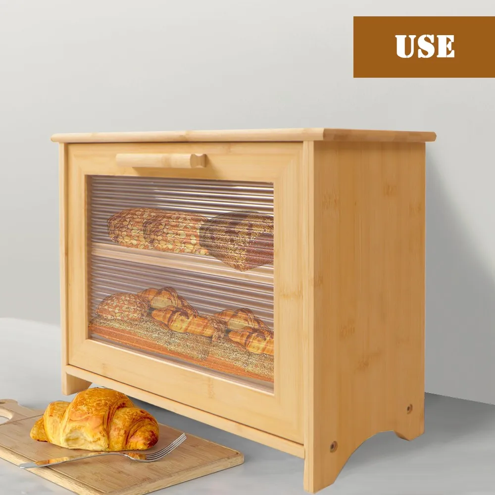 Double Layer Bread Box for Kitchen Counter Bamboo Wood Large Capacity Bread Storage Bin with Acrylic Wavy Door Panel