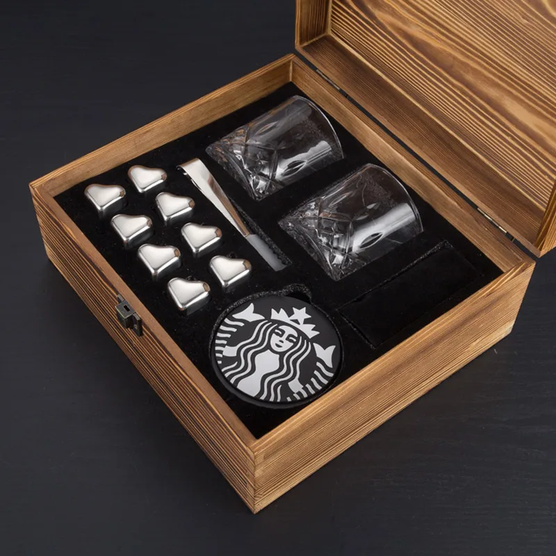 Amazon Hot Sales Whiskey Glass Set Ice Cube Wooden Box Set
