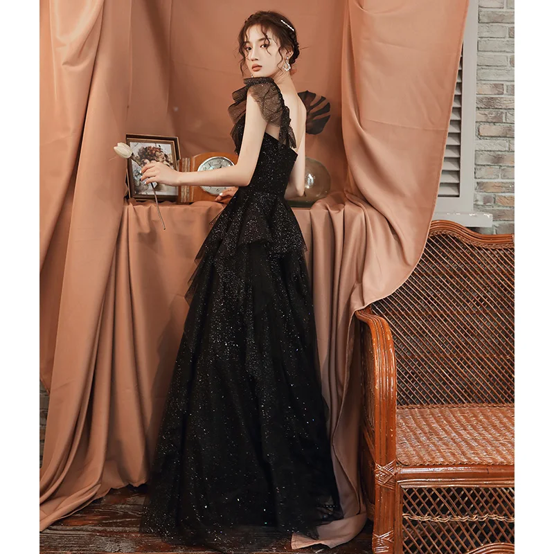 2025 new styles High Quality Autumn Black Shiny Crystal Beaded Evening Dress