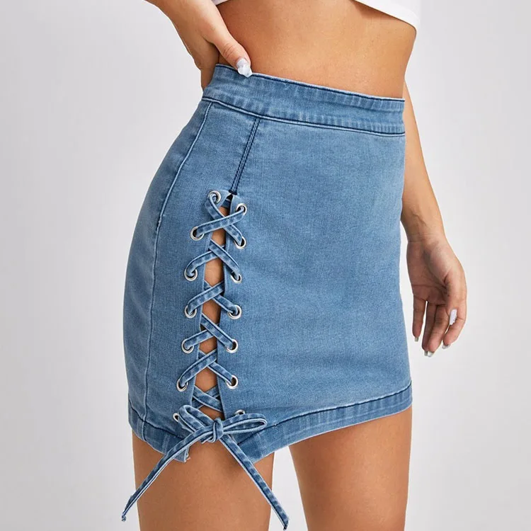 Women's Casual Blue High Waist Zip Back Lace Up Detail Mini Denim Jean ...