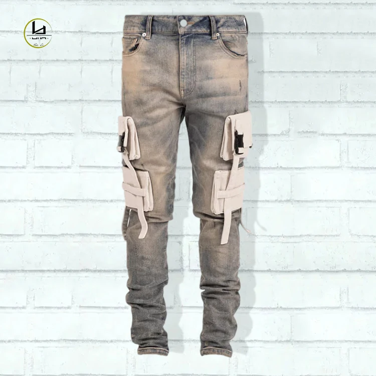 Streetwear cool guys clothing men denim pants mid-weight  slim fit dirty wash  4x contrast side utility cargo pockets jeans