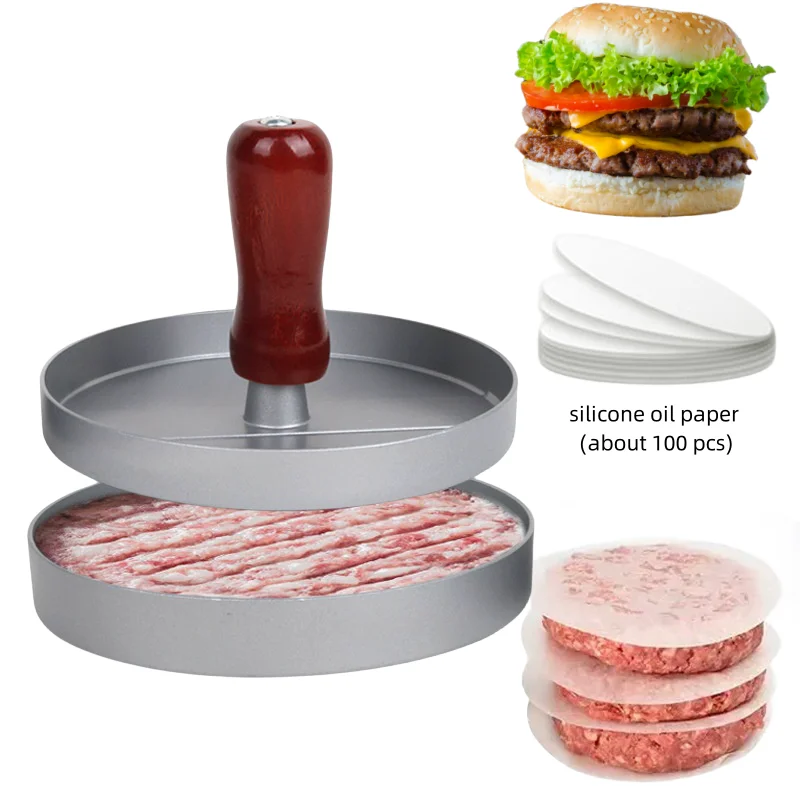 Briseadh Éasca Láimhe Mini-Brúcháin Hamburger, Leathóg Gan Adhmad, Láimhseáil Adhmaid, Cruthaitheoir Páití Alumainiam-alloy do Pháití Burger Do Dhéanamh sa Bhaile