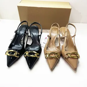 QuiteS 2026 Summer New Collection Black Metal Buckle Chain Thin Party Med-Heeled Sandals for Women Fashionable and Waterproof