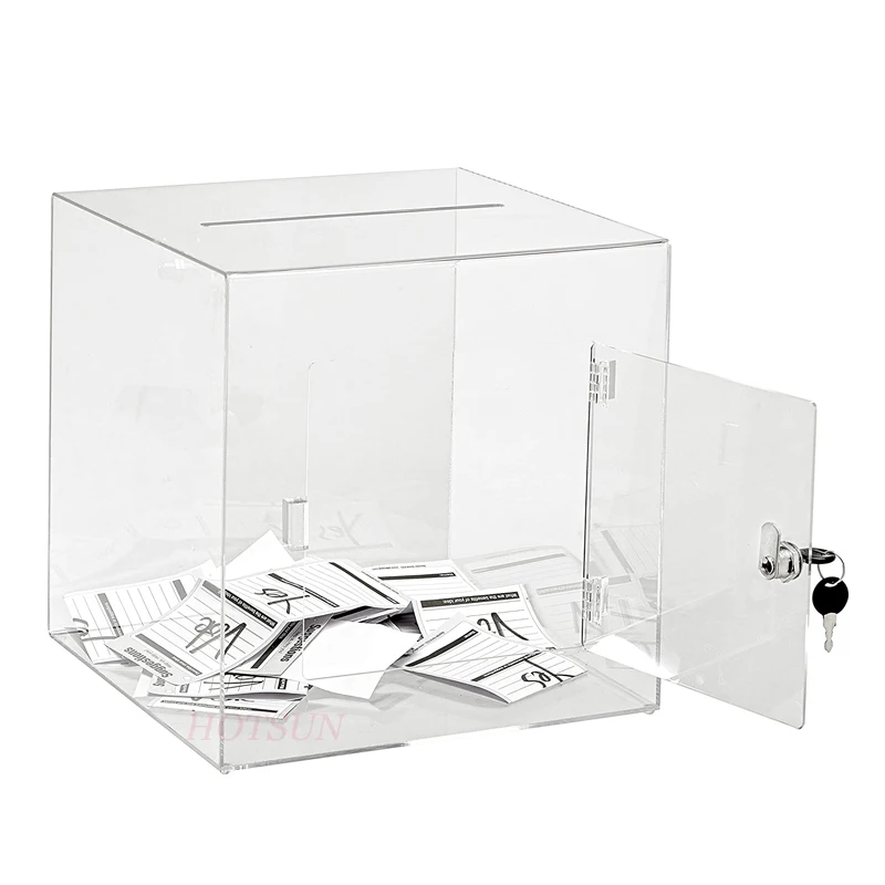 Free Design 8 Inches Piggy Bank Cube Box  Plastic Charity Box Clear Acrylic Donation Box with Lock