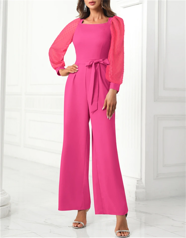 Elegant Plain Collar Wide Leg Long Sleeve Baby Pink Womens Jumpsuits (Women's  Jumpsuit) 