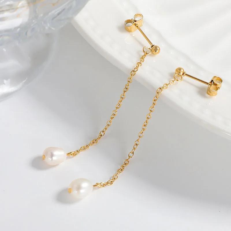Women Fashion 18K Gold Plated Stainless Steel Real Freshwater Long Tassels  Drop Pearl Earrings