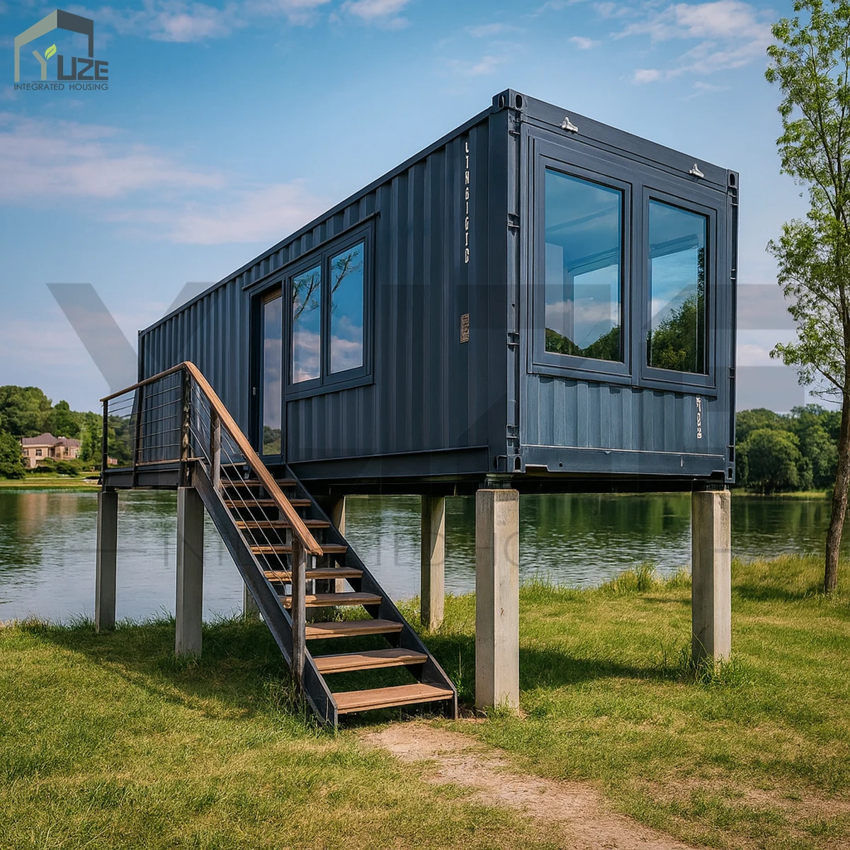 Luxury European Prefabricated House Elevated Modular Container House with Steel Staircase