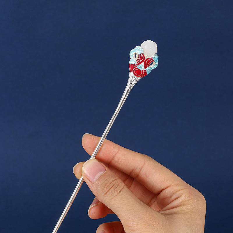 Женская синяя красная перегородчатая шпилька для волос в древнем стиле Hetian Jade Lotus Stick Pin Buyao