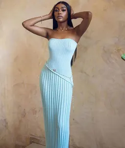 Elegant Knitted Strapless Maxi Dress for Women Off-shoulder Sexy Bodycon High Slit Club Party Long Dresses