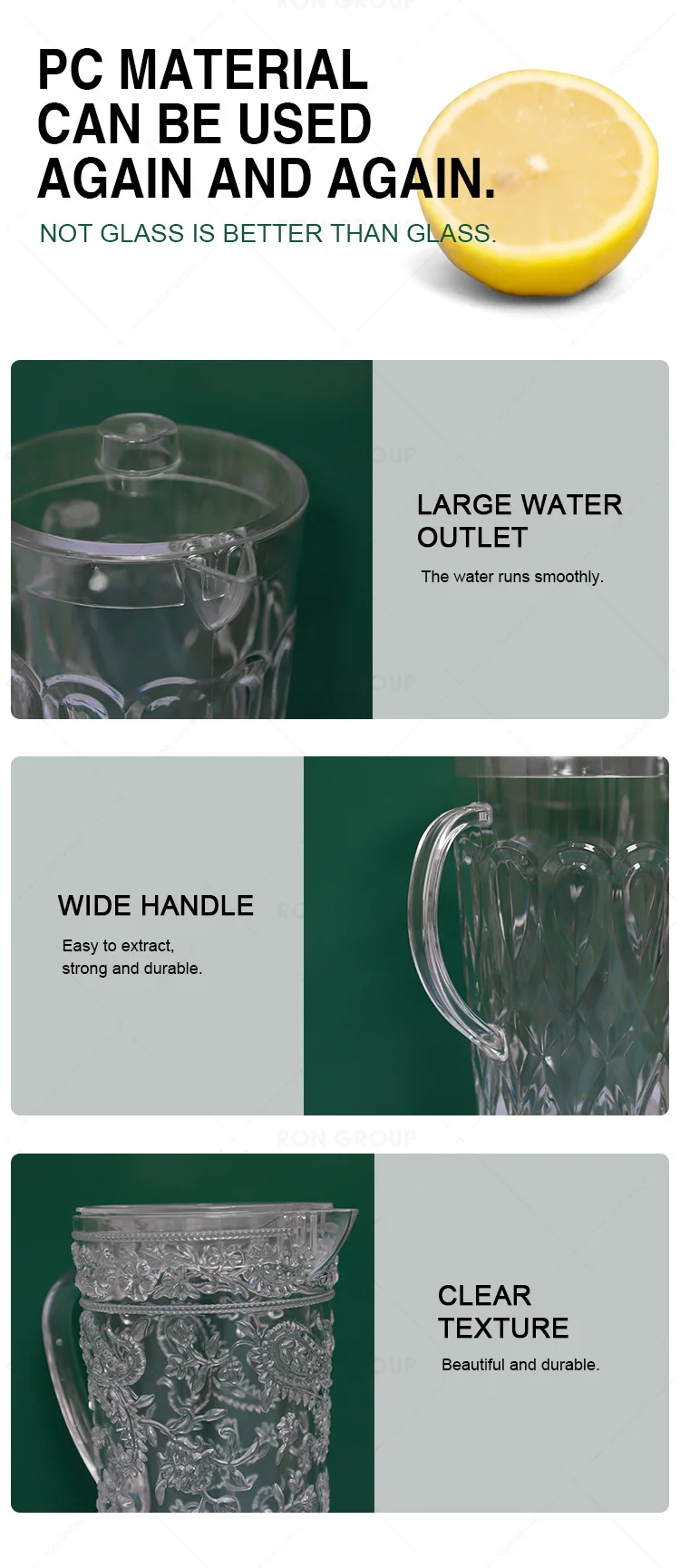 Transparent Embossed Shatter-proof Pitcher with Handle Spout Drinking Restaurant Wedding Party Plastic Jugs