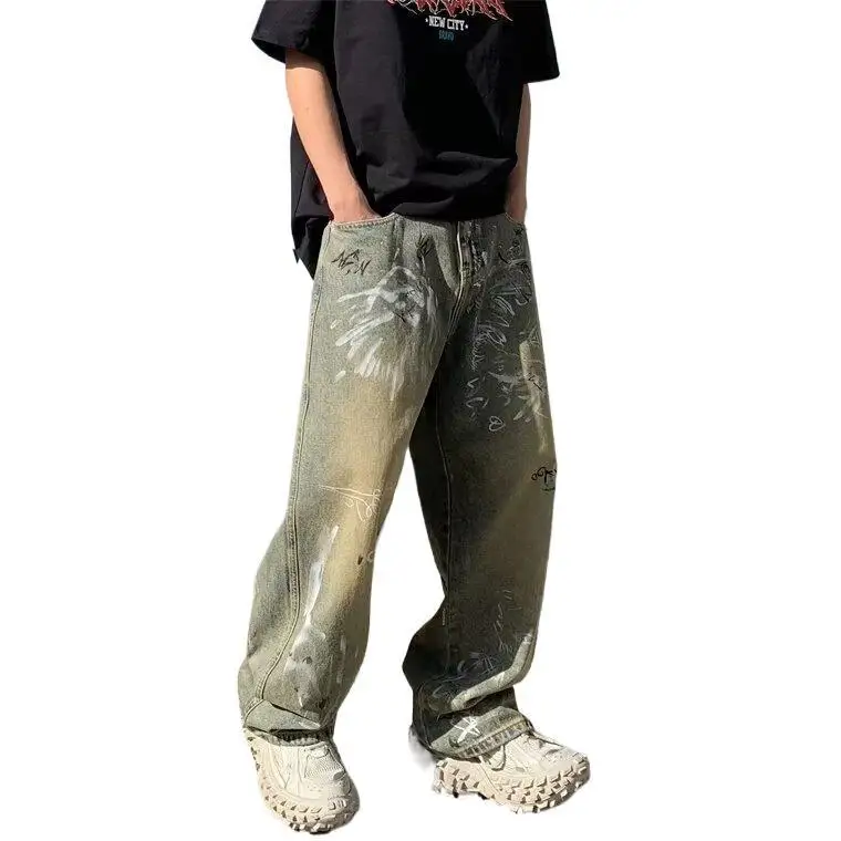 Color inkjet jeans men's summer dark high street handsome old pants washed holes youth casual pants