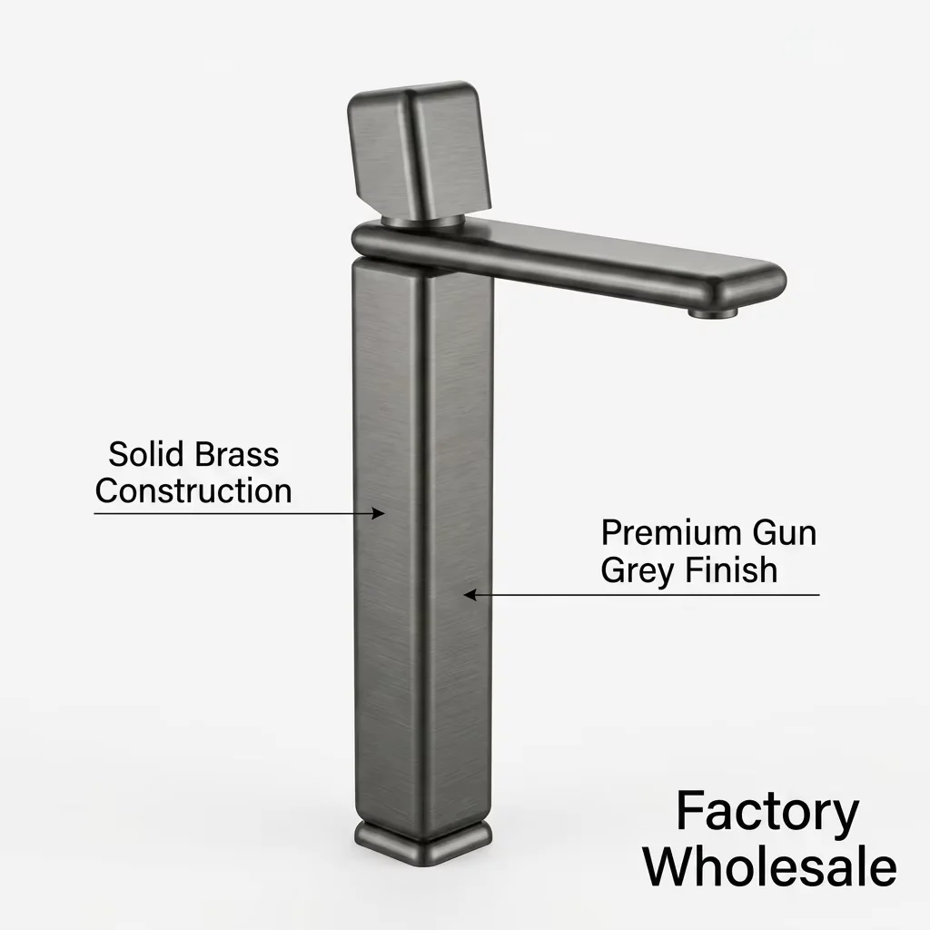 Massiver Messing-Waschbecken-Hahn für Badezimmer, hoch, quadratisch, minimalistischer Mischerhahn, Premium-Ausführung in Pistolen-Grau mit PVD-Beschichtung, Fabrik-Großhandelspreis