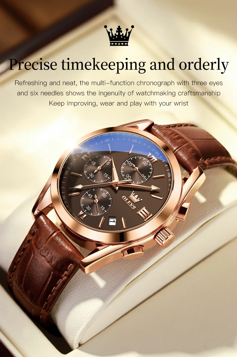 OLEVS Reloj 2872 Top Brand Luxury Waterproof Clock Brown Leather Sports WristWatch Relogio Masculino Quartz Watch For Men