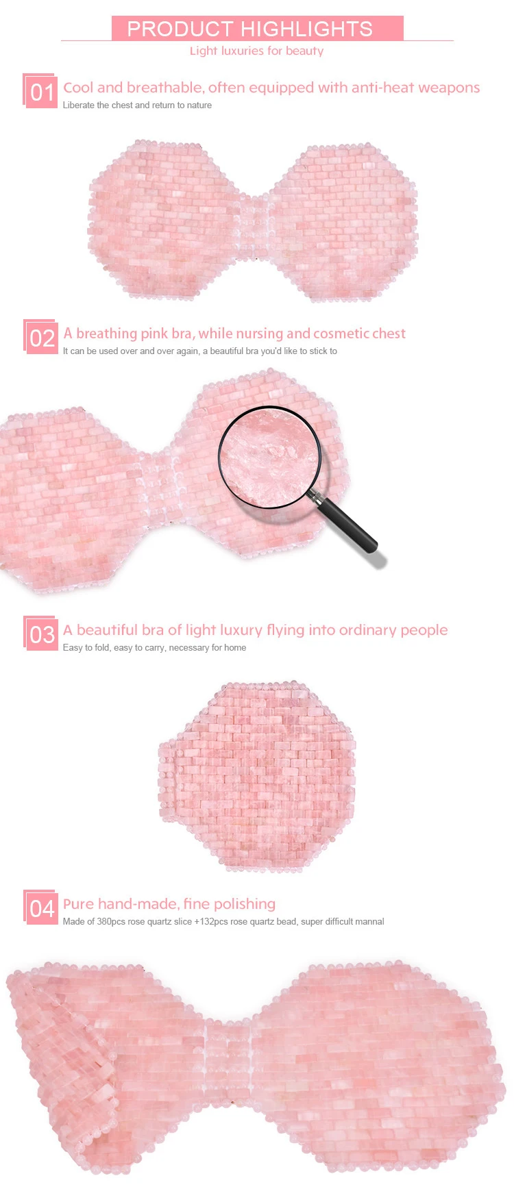 Luxury Folk Art Polished Pink rose quartz Bra for skin Care