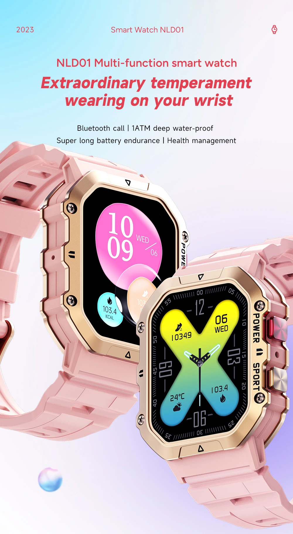 Pink Female Smart Watch Amoled Screen 1 Atm Waterproof Music Bt Calling