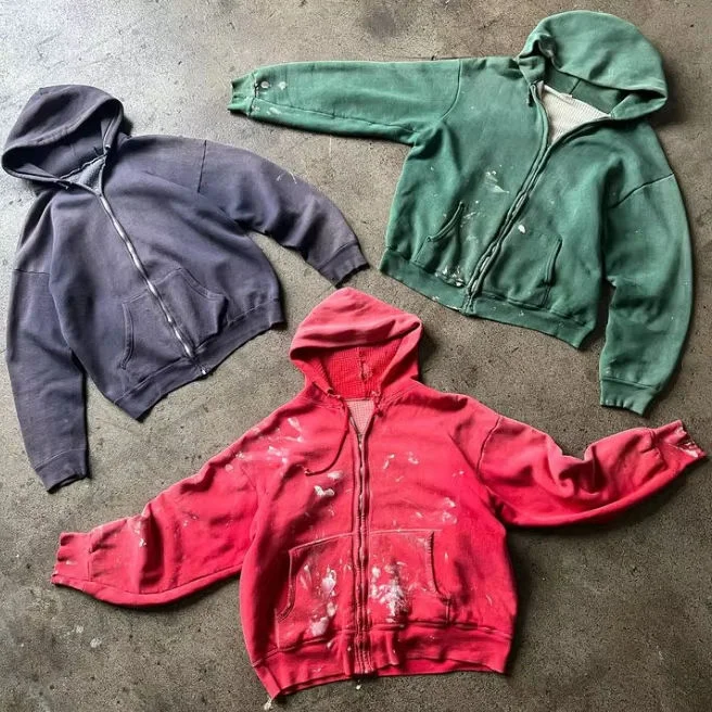 Streetwear Vintage Oversized Waffle Drop Shoulder Heavyweight 100% Cotton Men Sun Faded Distressed Acid Wash Zip up Hoodies gallery 8