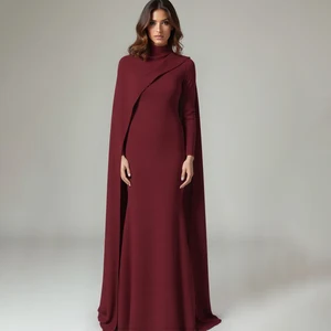 ZYHT 73223 Elegant Burgundy Chiffon Outfits Cape Long Sleeves Floor Length Formal Muslim Party Proms Gowns Modest Evening Dress