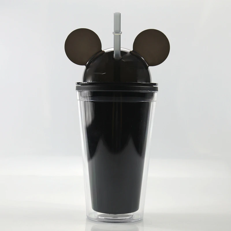 2023 Promotional Gifts Children Cartoon 16 OZ Mouse Ear Shape Dome Lid  Clear Acrylic Plastic Tumbler Cups With Straws