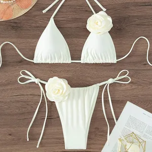 Factory Custom New Sexy 3 D Floral String Solid Two Piece Bikini Halter Swimsuit Women Thong Swimwear Beachwear