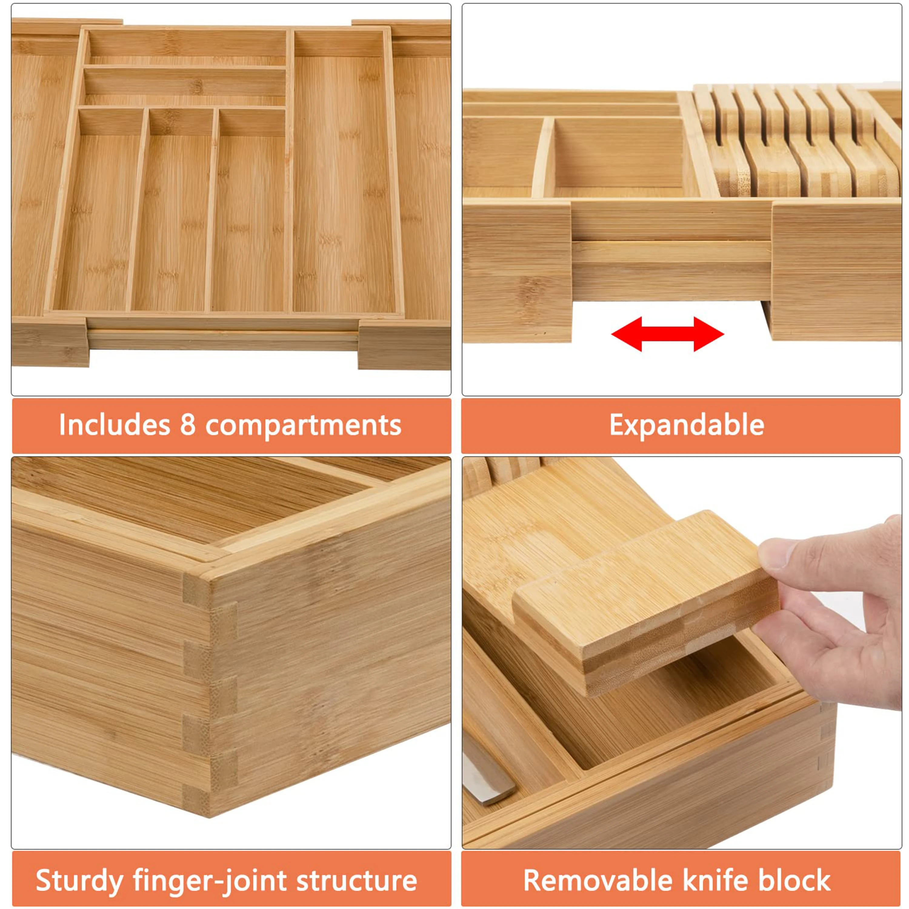 product expandable bamboo drawer organizer removable knife block 8 compartments kitchen silverware cutlery tray utensil storage divider-6