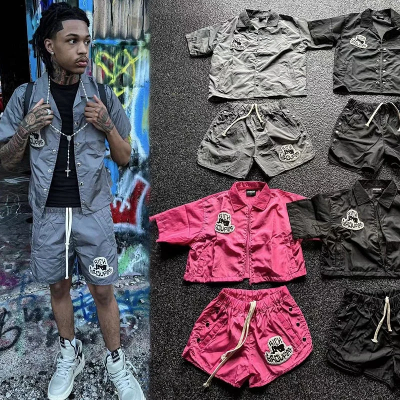 Custom Patches Unisex 2 Piece Jogger Windbreaker Nylon Zip up Buttons Lapel Shirt Jacket Tracksuit and Shorts Set for Men