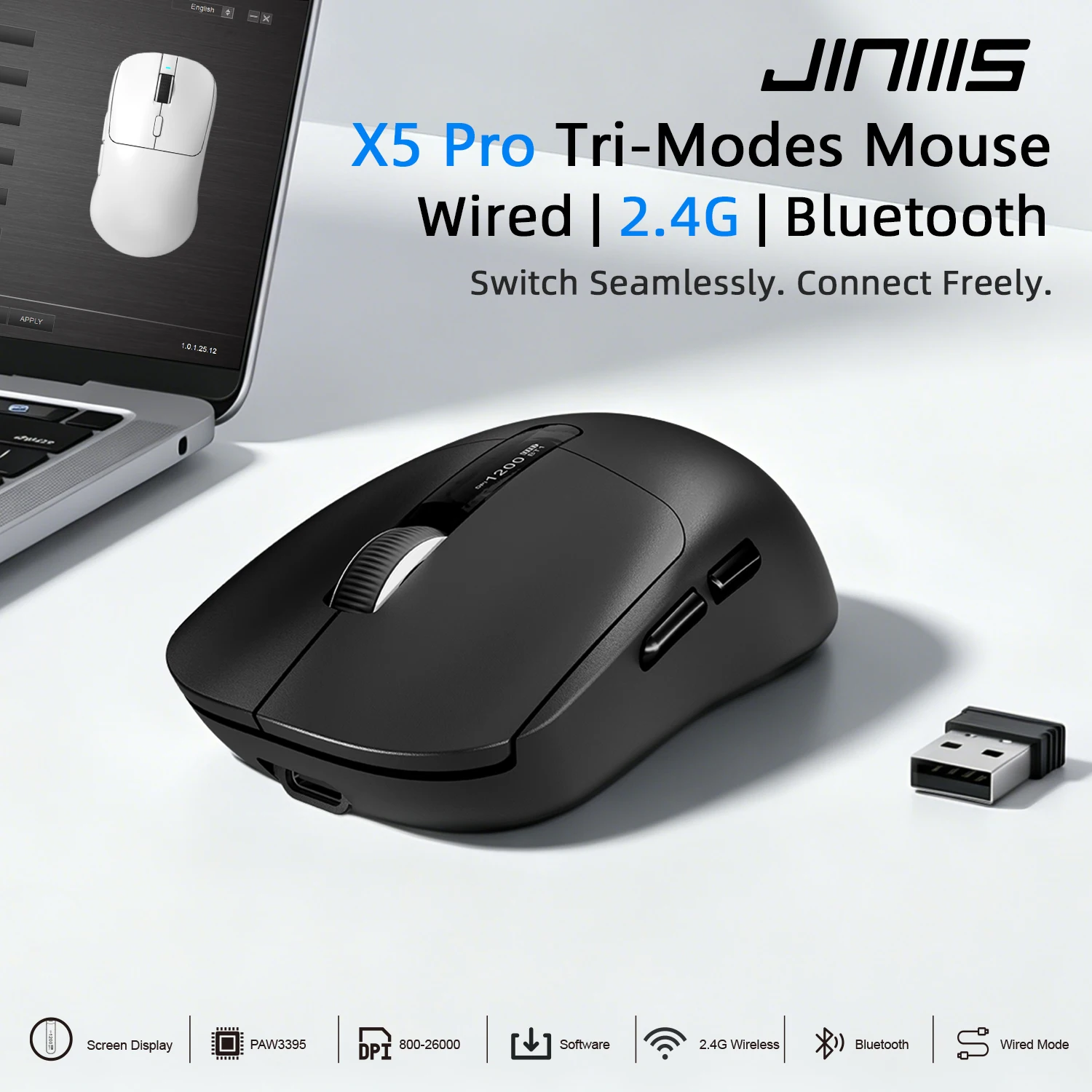JINMS X5 Pro Tri-Mode Wireless Gaming Mouse PAW3395 26000DPI OLED
