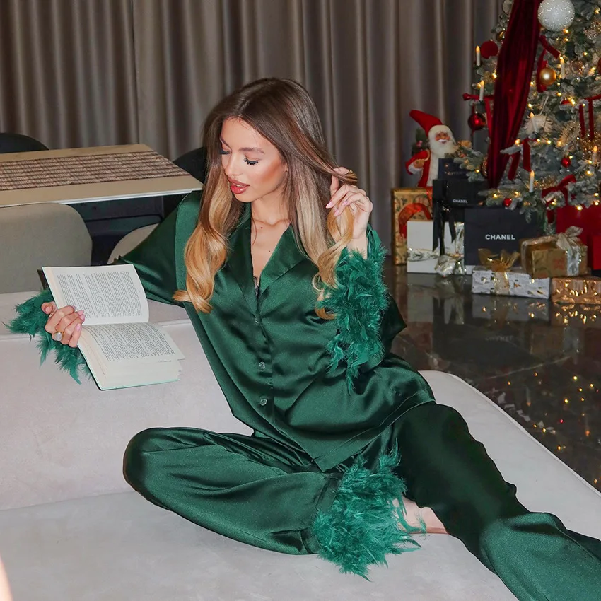 Women's Christmas Satin Pajama Set Feather Trim Lapel Long Sleeve Shirt Trousers Soft Smooth Loungewear — detail