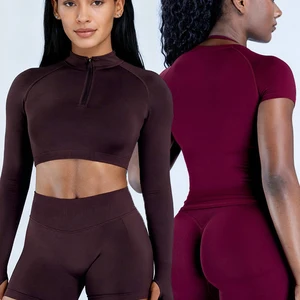 Half-Zip Knitted Seamed Plus Size Breathable Elastic Eco-Friendly Reversible Crew Neck Short Sleeve Fitness Running Yoga Top