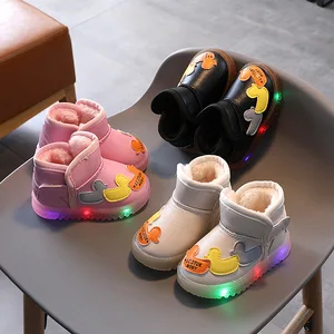 Unisex Children's Waterproof LED Light Kids Boys and Girls Duck Cartoon Synthetic Leather Snow Boots