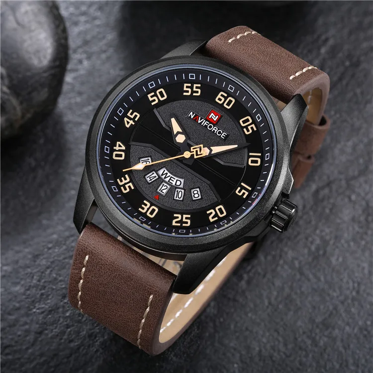 NAVIFORCE Men Watch Date Week Sport Mens Watches Luxury Business Genuine Leather Quartz Male Clock 9124