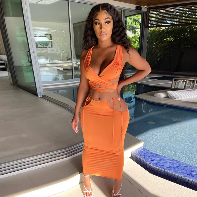 Women Halter Crossover Front  Top and Long Skirts Dress 2021 Women 2 Pieces Long Bandage Skirt Set