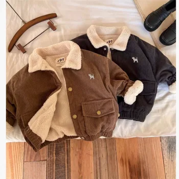 2025 Autumn and Winter New Children's Coat Thickened Cotton-Padded Jacket Boys Girls Embroidered Lapel Warm Baby Coat