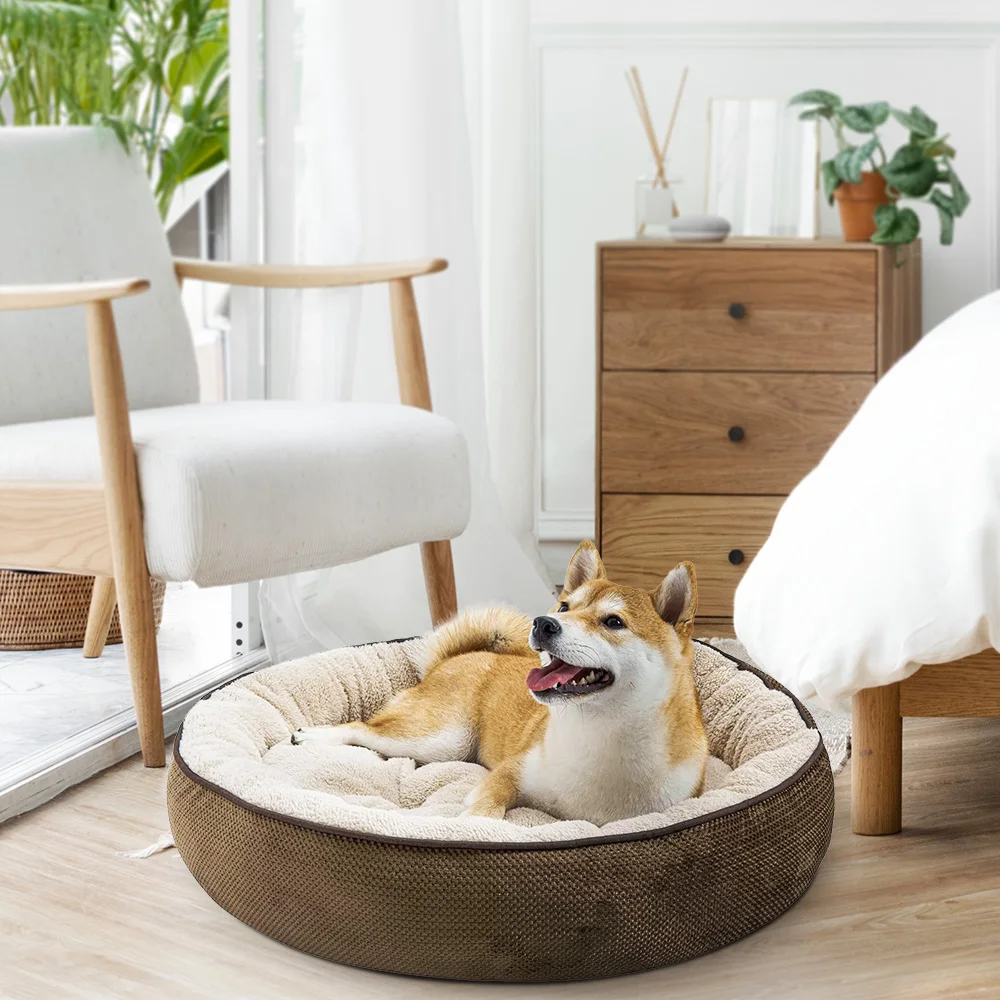 Hot selling fluffy soft warm plush washable calming luxury round donut pet dog bed