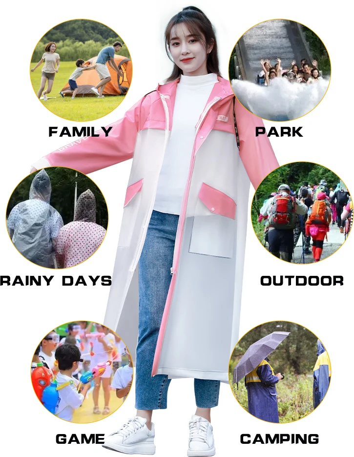 Custom Wholesale Long Raincoat Waterproof Camping fishingPlastic EVA rain coat with Hood details