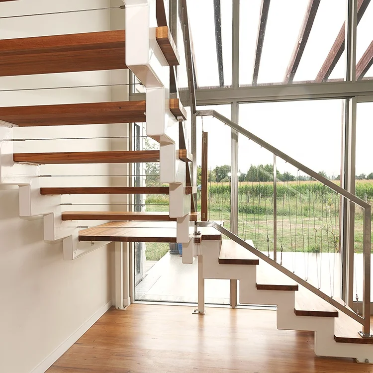 Zig Zag Stringer Wood Step Staircase With White Stair for Building Project