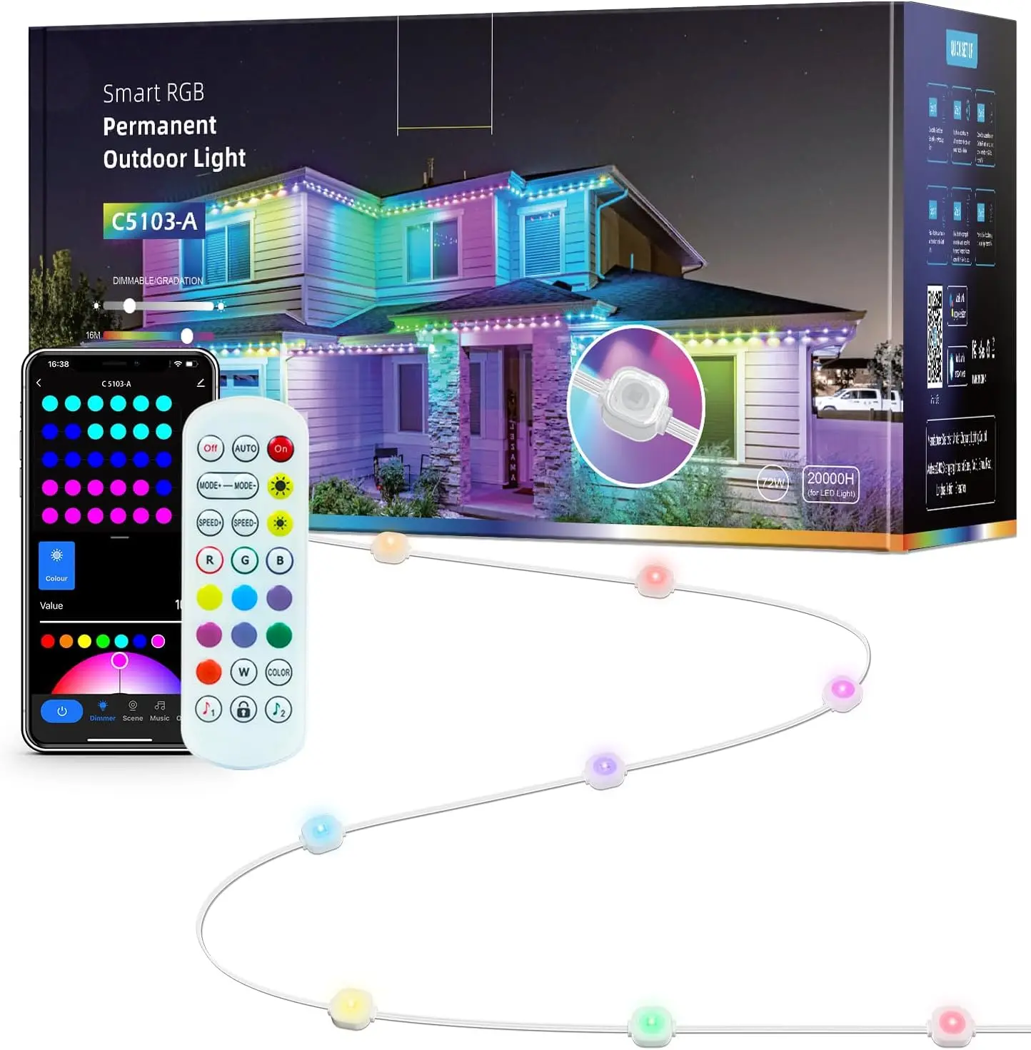 100ft 72lamps 54 Scene Modes IP65 Smart RGBIC Permanent Outdoor Point Lights