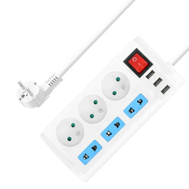 6 Way french and Universal  Type Switch 3 USB Power Strip Electric Extension Socket