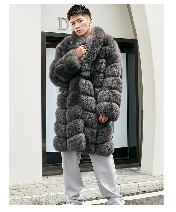 2022 New Arrival Fox Fur Shawl Collar Coats Soild Gary Color Durability and Comfortable Fur Long Coat Men