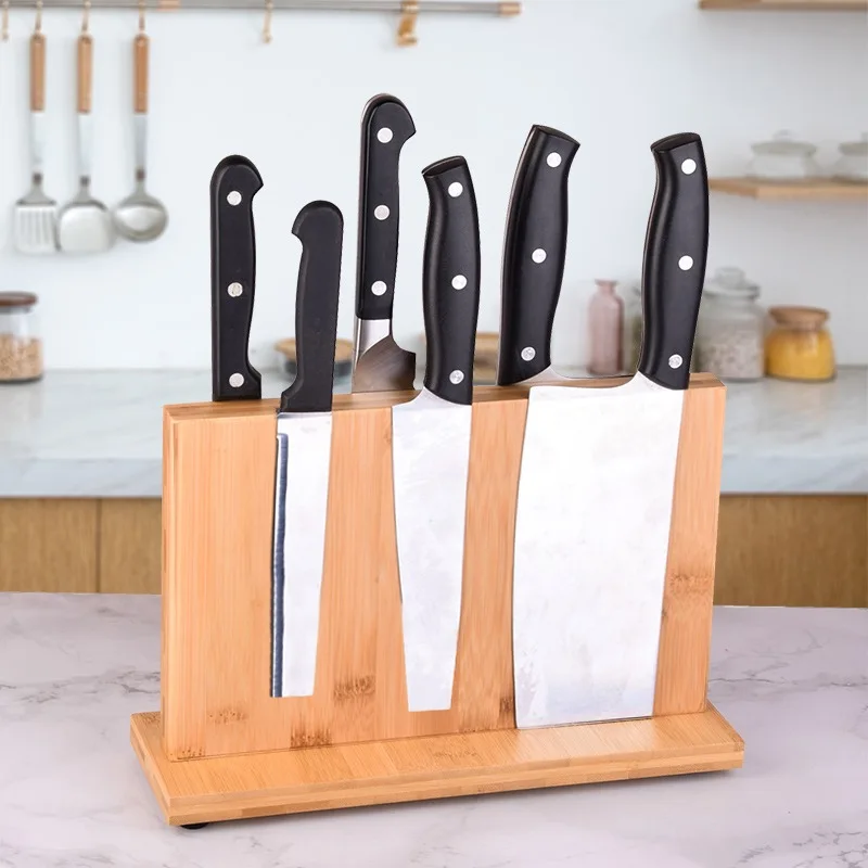product natural bamboo magnetic scissor dock cutlery display stand storage rack kitchen knife holder home eco friendly durable lfgb-16