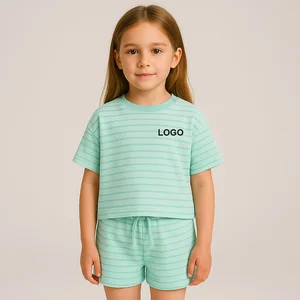 OEM Kids Summer Clothing Set Mint Green Striped T-Shirt and Shorts for Girls Casual Wear Girls Summer Outfits Wholesale Supplier