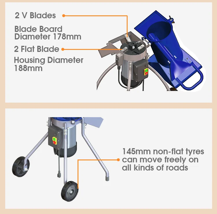 Wood Chipper Garden Mulcher Shredder Mulch Chip with 2pcs V Blades for Grass Leaves Shredding