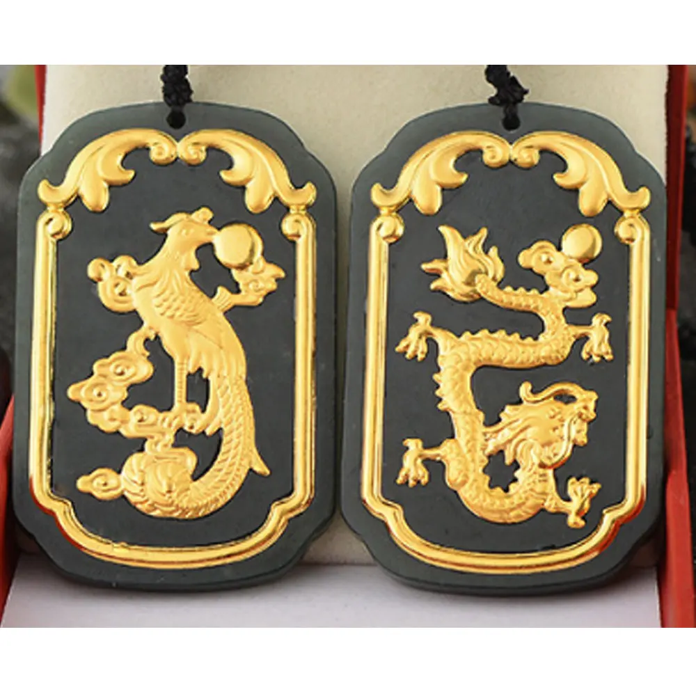 Fashion Gold Plated Dragon Phoenix Jade Pendant Necklace for Kids