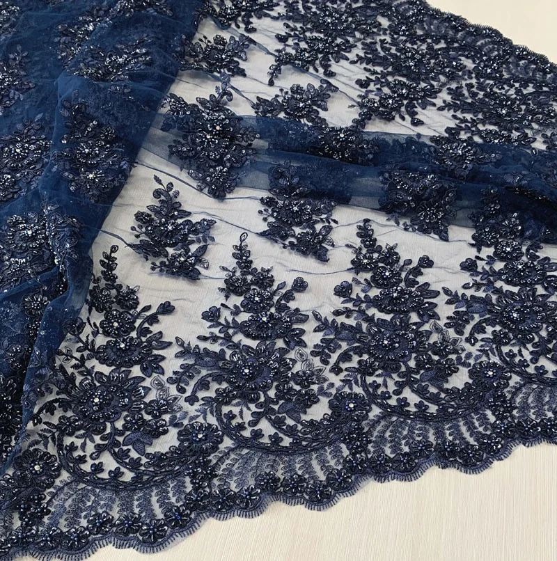 Luxury Navy Blue Beaded Sequined Lace Embroidery Fabric for Dresses or  Bridal, High Quality Dress Making Lace Fabric