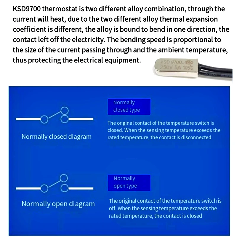 Normally closed 5A 250V 40 to 150 degree celsius thermostat thermal protector fuses temperature switch KSD9700