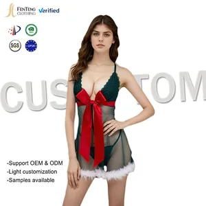 Lism Custom Women Sexy Open Big Breast Lingerie Transparent Nightwear with Bow Hole Decorations Christmas Sexy Lace Lingerie