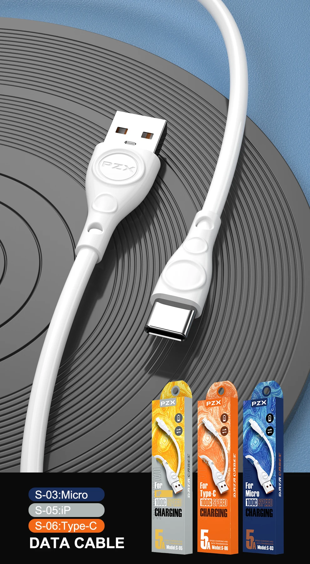 PZX High Quality For iP/Micro/Type-C Charger 1M USB Cable Data Transfer 5A Fast Charging cables de datos